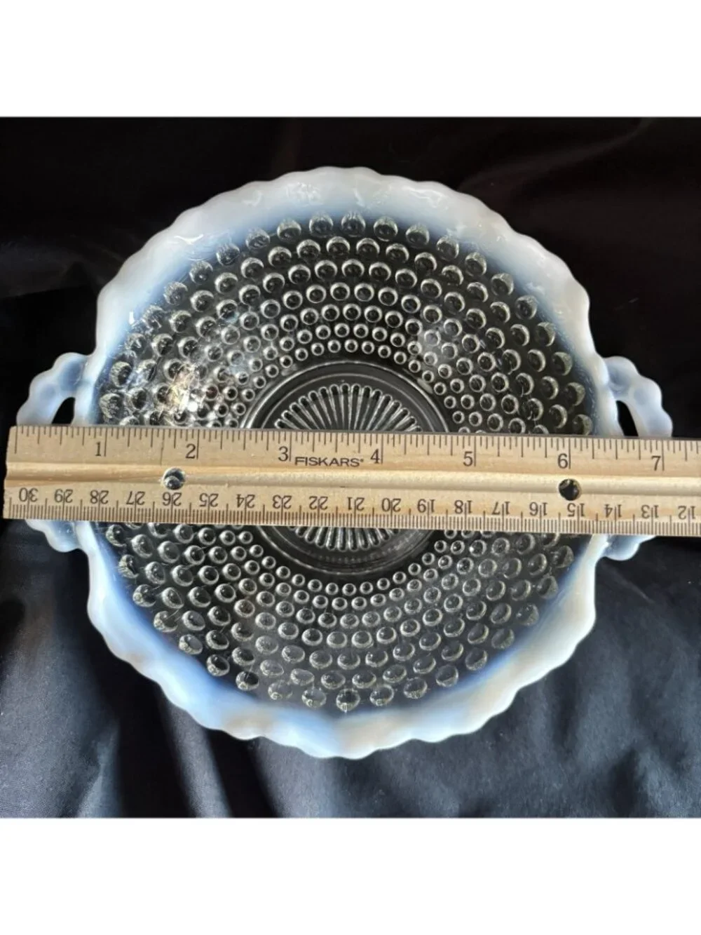 FENTON Vintage Opalescent Moonstone Bowl with Handles Ruffled Hobnail 7 in